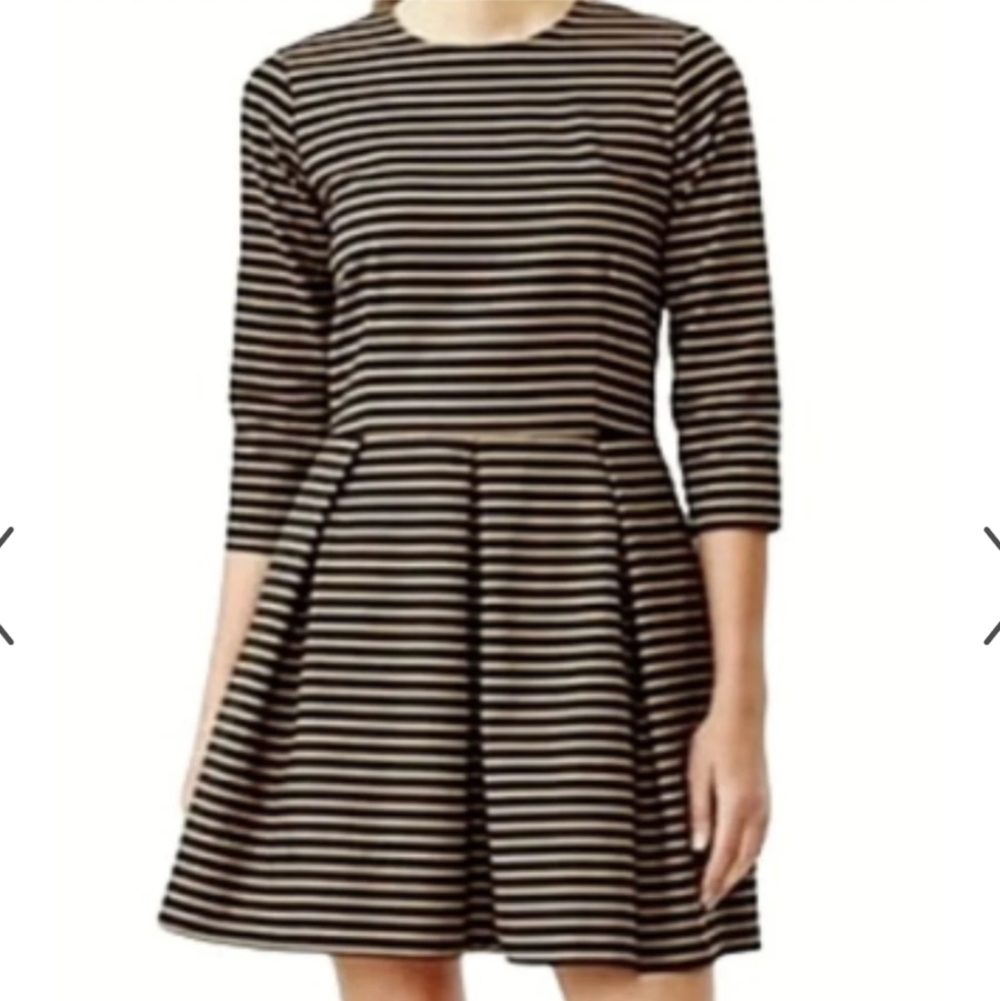 GAP Striped Pleated Fit & Flare Dress w/ Pockets in Black and Tan